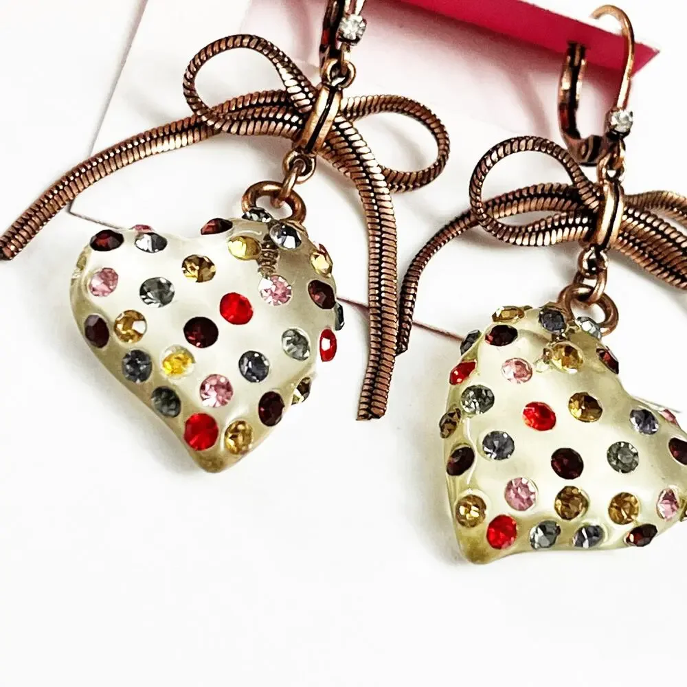 NEW Betsey Johnson Clear Lucite Heart with Crystal Drop Earrings